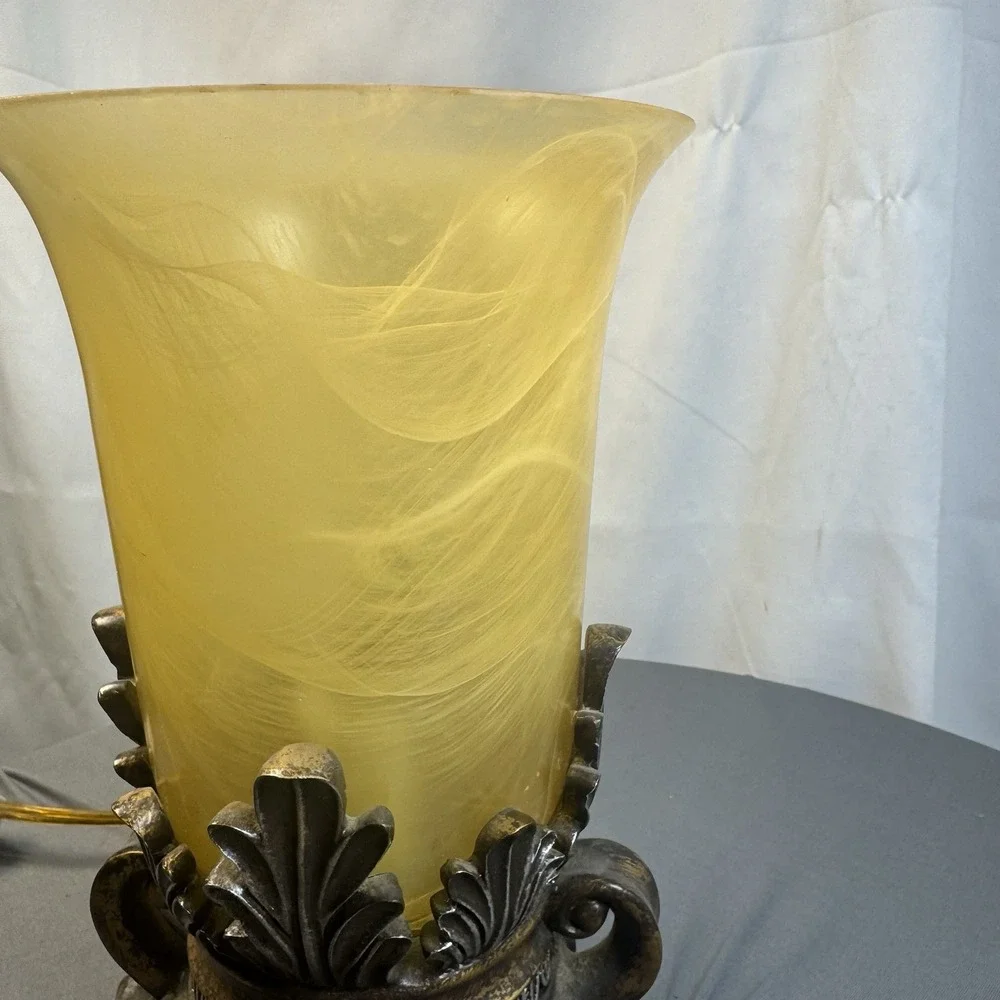 Vintage Brass Lamp Footed Scroll Base and Amber Colored Marbled Shade Works‎